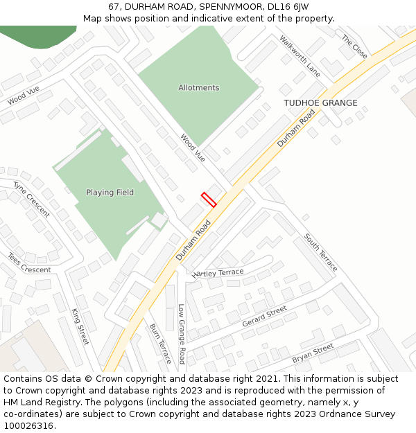 67, DURHAM ROAD, SPENNYMOOR, DL16 6JW: Location map and indicative extent of plot