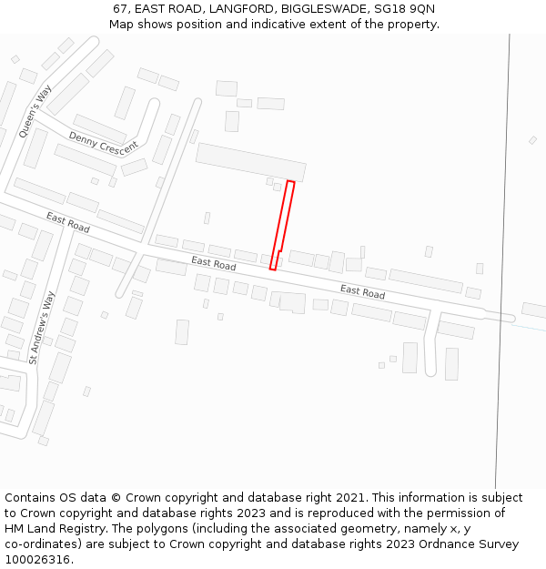 67, EAST ROAD, LANGFORD, BIGGLESWADE, SG18 9QN: Location map and indicative extent of plot