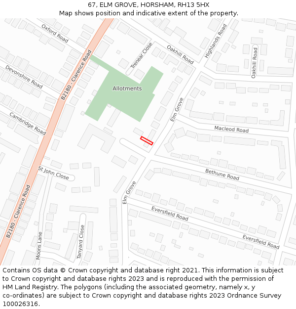 67, ELM GROVE, HORSHAM, RH13 5HX: Location map and indicative extent of plot