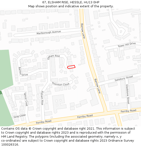 67, ELSHAM RISE, HESSLE, HU13 0HP: Location map and indicative extent of plot