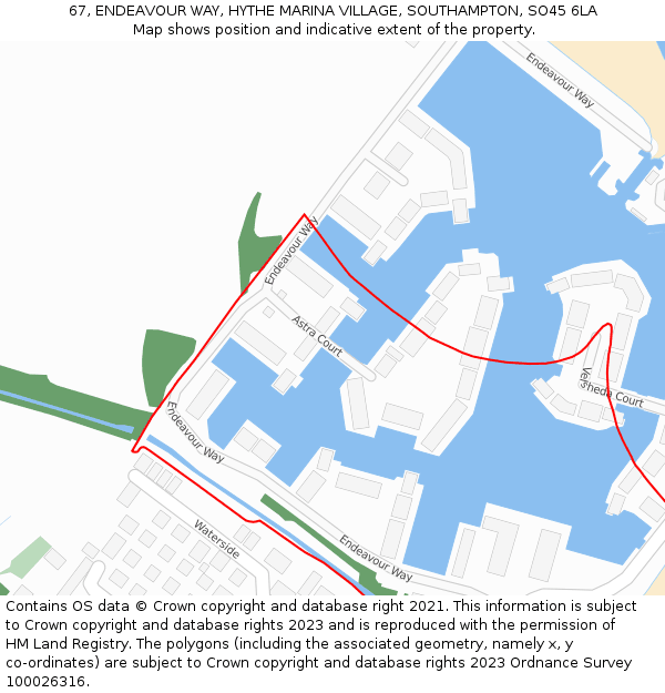 67, ENDEAVOUR WAY, HYTHE MARINA VILLAGE, SOUTHAMPTON, SO45 6LA: Location map and indicative extent of plot