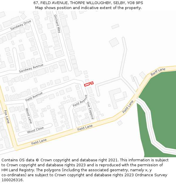67, FIELD AVENUE, THORPE WILLOUGHBY, SELBY, YO8 9PS: Location map and indicative extent of plot
