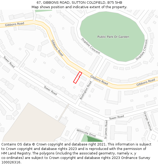 67, GIBBONS ROAD, SUTTON COLDFIELD, B75 5HB: Location map and indicative extent of plot