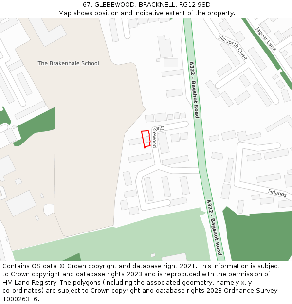 67, GLEBEWOOD, BRACKNELL, RG12 9SD: Location map and indicative extent of plot