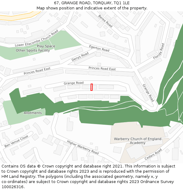 67, GRANGE ROAD, TORQUAY, TQ1 1LE: Location map and indicative extent of plot