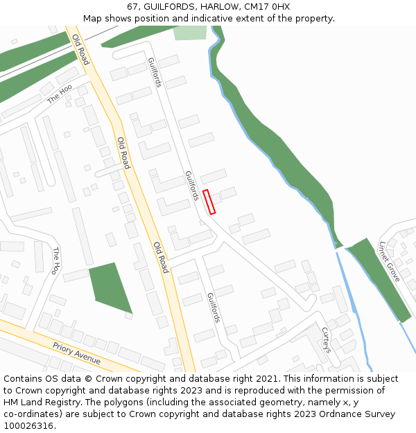 67, GUILFORDS, HARLOW, CM17 0HX: Location map and indicative extent of plot