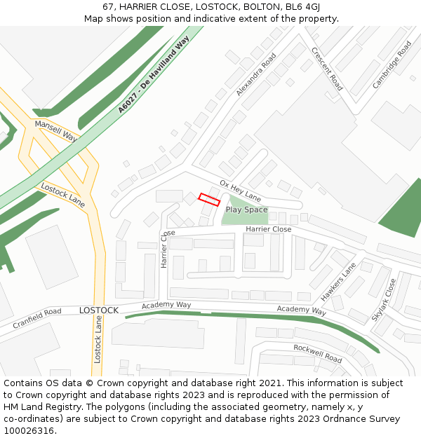67, HARRIER CLOSE, LOSTOCK, BOLTON, BL6 4GJ: Location map and indicative extent of plot