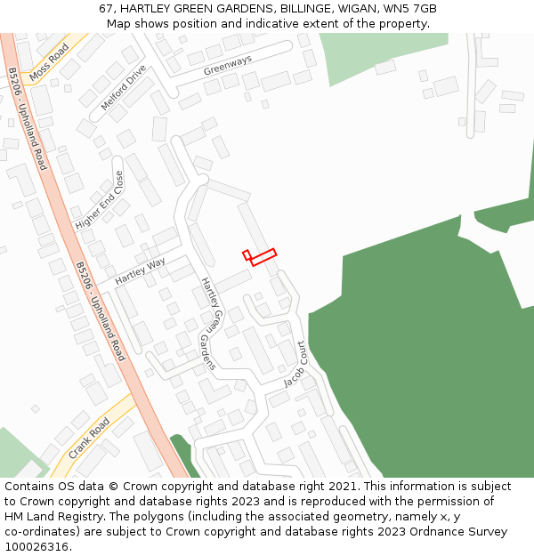 67, HARTLEY GREEN GARDENS, BILLINGE, WIGAN, WN5 7GB: Location map and indicative extent of plot