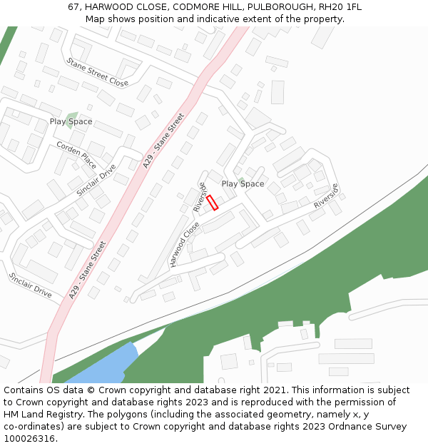 67, HARWOOD CLOSE, CODMORE HILL, PULBOROUGH, RH20 1FL: Location map and indicative extent of plot