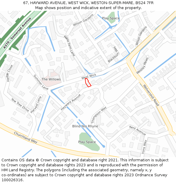 67, HAYWARD AVENUE, WEST WICK, WESTON-SUPER-MARE, BS24 7FR: Location map and indicative extent of plot