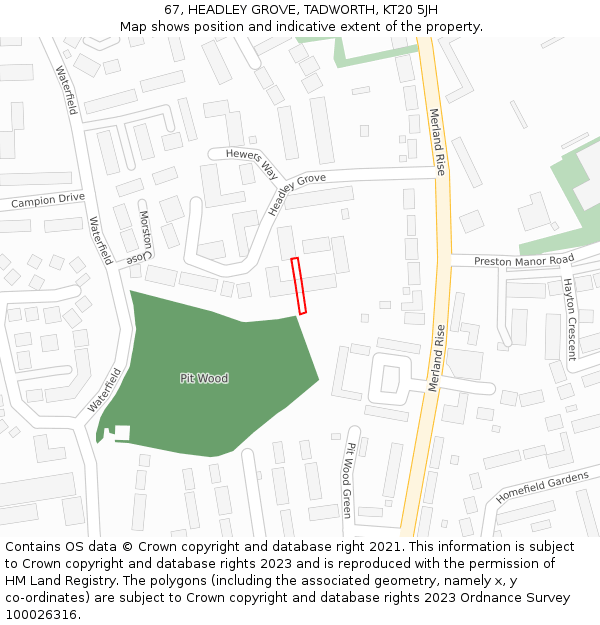 67, HEADLEY GROVE, TADWORTH, KT20 5JH: Location map and indicative extent of plot