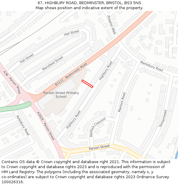 67, HIGHBURY ROAD, BEDMINSTER, BRISTOL, BS3 5NS: Location map and indicative extent of plot