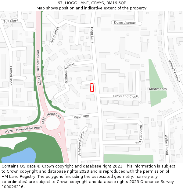 67, HOGG LANE, GRAYS, RM16 6QP: Location map and indicative extent of plot