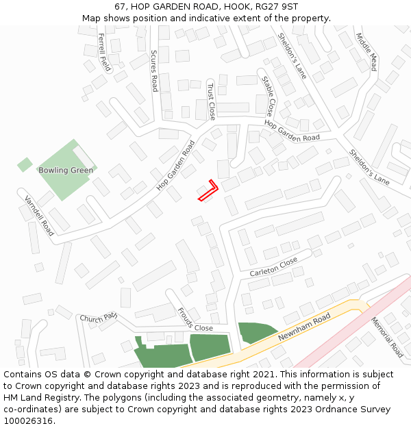 67, HOP GARDEN ROAD, HOOK, RG27 9ST: Location map and indicative extent of plot