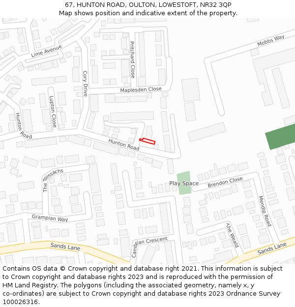 67, HUNTON ROAD, OULTON, LOWESTOFT, NR32 3QP: Location map and indicative extent of plot