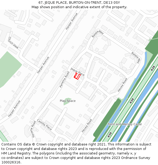 67, JEQUE PLACE, BURTON-ON-TRENT, DE13 0SY: Location map and indicative extent of plot