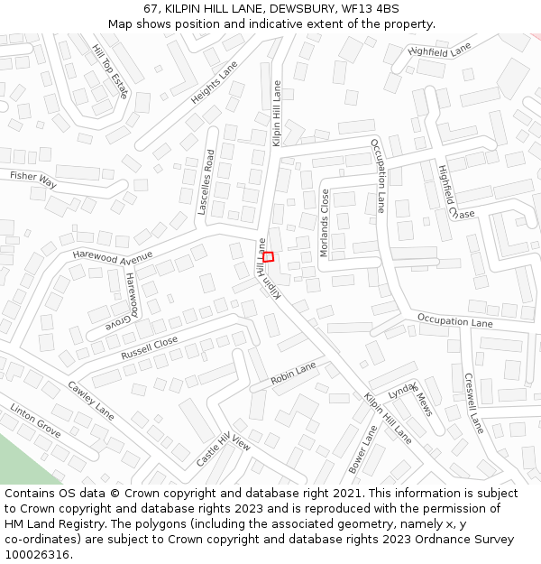 67, KILPIN HILL LANE, DEWSBURY, WF13 4BS: Location map and indicative extent of plot