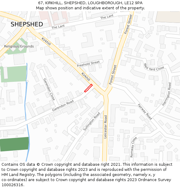 67, KIRKHILL, SHEPSHED, LOUGHBOROUGH, LE12 9PA: Location map and indicative extent of plot