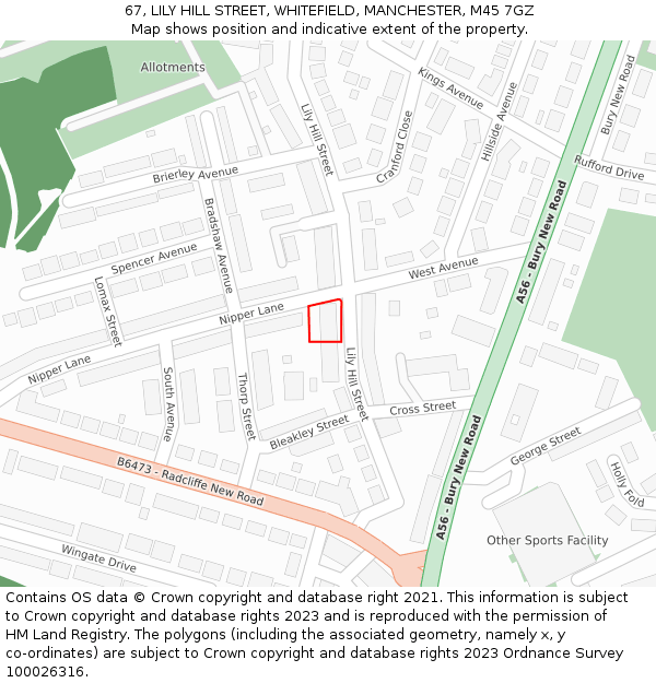 67, LILY HILL STREET, WHITEFIELD, MANCHESTER, M45 7GZ: Location map and indicative extent of plot