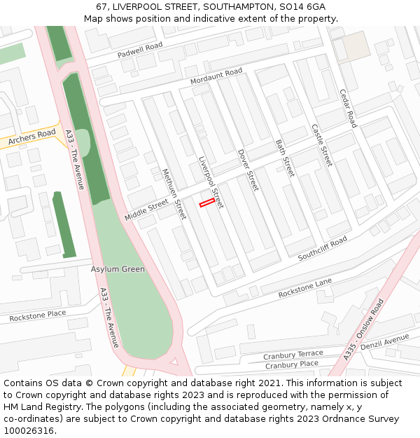 67, LIVERPOOL STREET, SOUTHAMPTON, SO14 6GA: Location map and indicative extent of plot