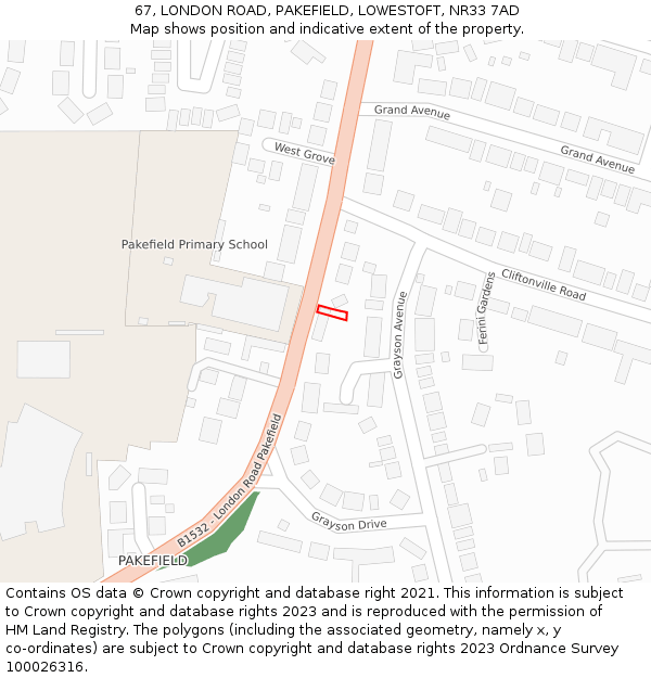 67, LONDON ROAD, PAKEFIELD, LOWESTOFT, NR33 7AD: Location map and indicative extent of plot