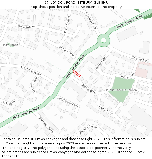 67, LONDON ROAD, TETBURY, GL8 8HR: Location map and indicative extent of plot