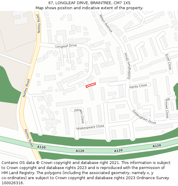 67, LONGLEAF DRIVE, BRAINTREE, CM7 1XS: Location map and indicative extent of plot