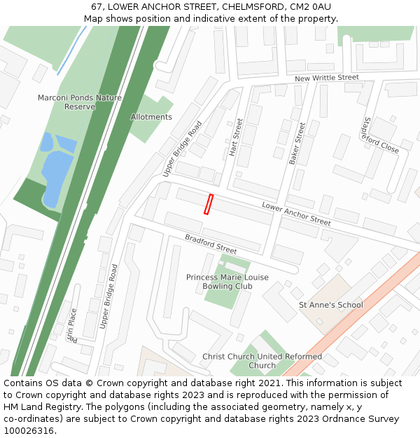 67, LOWER ANCHOR STREET, CHELMSFORD, CM2 0AU: Location map and indicative extent of plot