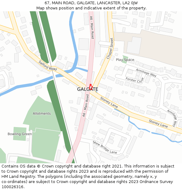 67, MAIN ROAD, GALGATE, LANCASTER, LA2 0JW: Location map and indicative extent of plot