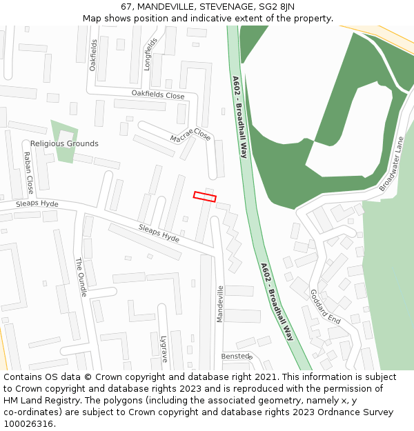 67, MANDEVILLE, STEVENAGE, SG2 8JN: Location map and indicative extent of plot