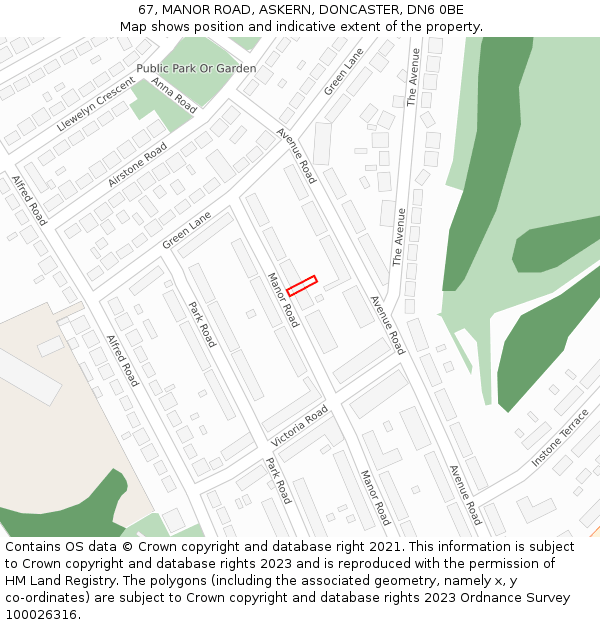 67, MANOR ROAD, ASKERN, DONCASTER, DN6 0BE: Location map and indicative extent of plot