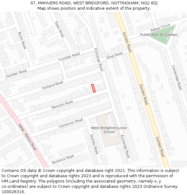 67, MANVERS ROAD, WEST BRIDGFORD, NOTTINGHAM, NG2 6DJ: Location map and indicative extent of plot