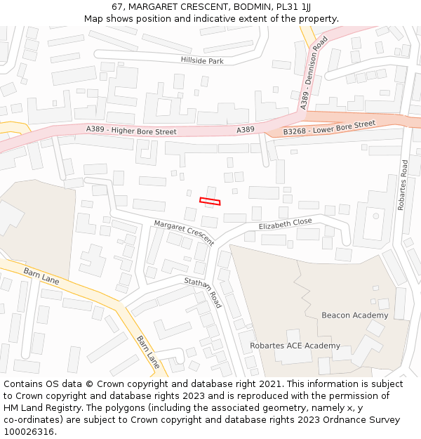 67, MARGARET CRESCENT, BODMIN, PL31 1JJ: Location map and indicative extent of plot