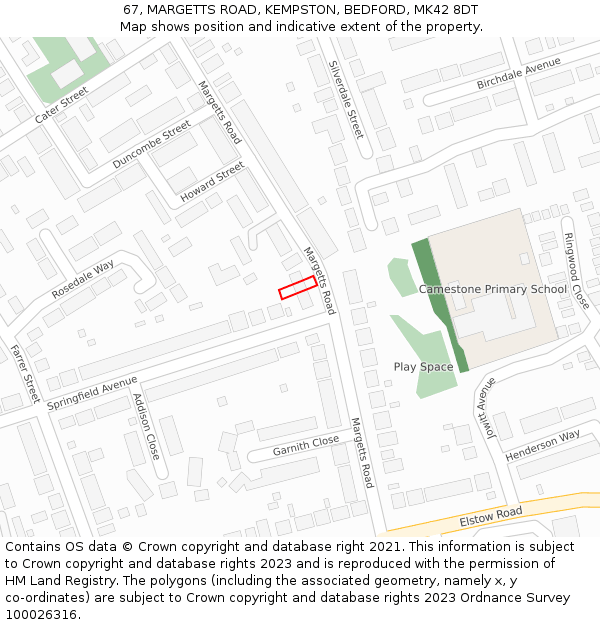 67, MARGETTS ROAD, KEMPSTON, BEDFORD, MK42 8DT: Location map and indicative extent of plot