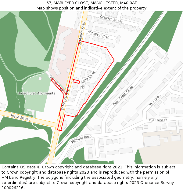 67, MARLEYER CLOSE, MANCHESTER, M40 0AB: Location map and indicative extent of plot