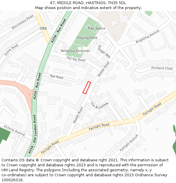 67, MIDDLE ROAD, HASTINGS, TN35 5DL: Location map and indicative extent of plot