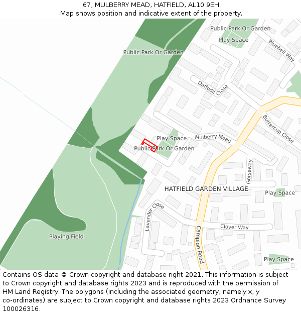 67, MULBERRY MEAD, HATFIELD, AL10 9EH: Location map and indicative extent of plot