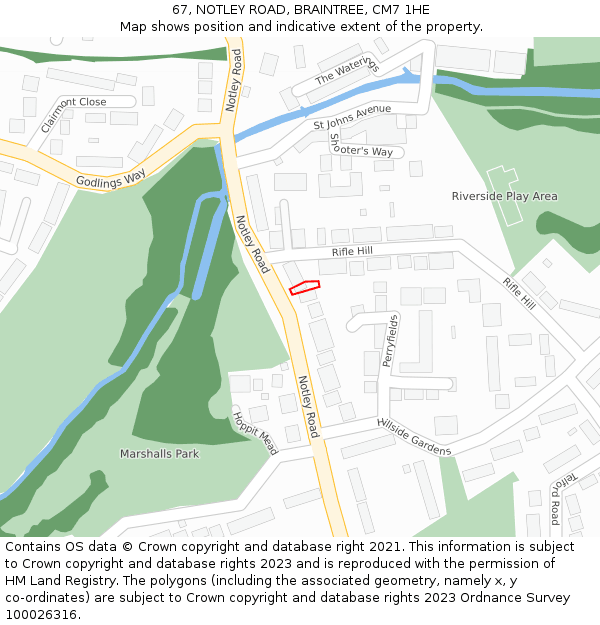67, NOTLEY ROAD, BRAINTREE, CM7 1HE: Location map and indicative extent of plot