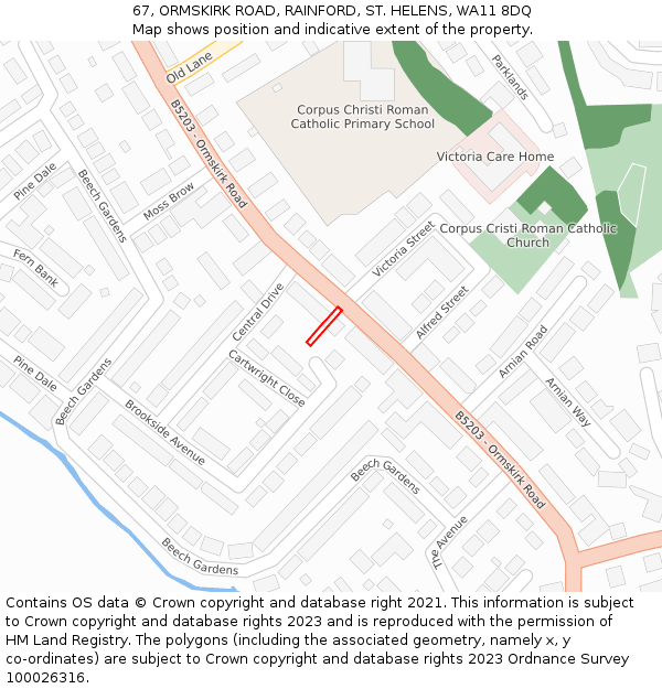 67, ORMSKIRK ROAD, RAINFORD, ST. HELENS, WA11 8DQ: Location map and indicative extent of plot