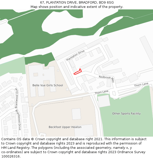 67, PLANTATION DRIVE, BRADFORD, BD9 6SG: Location map and indicative extent of plot