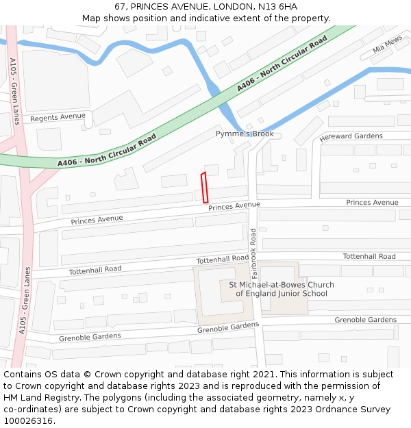 67, PRINCES AVENUE, LONDON, N13 6HA: Location map and indicative extent of plot