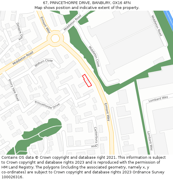67, PRINCETHORPE DRIVE, BANBURY, OX16 4FN: Location map and indicative extent of plot