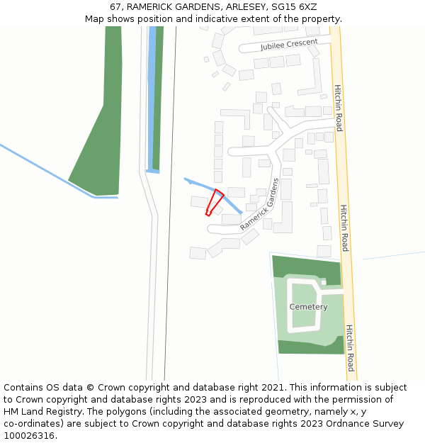 67, RAMERICK GARDENS, ARLESEY, SG15 6XZ: Location map and indicative extent of plot