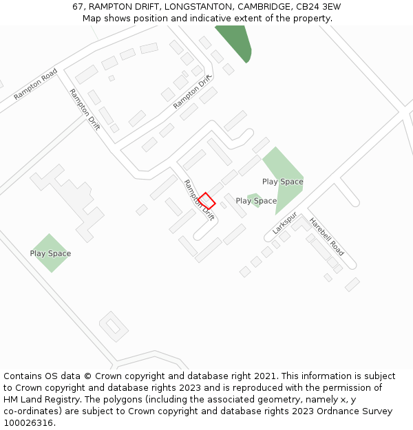 67, RAMPTON DRIFT, LONGSTANTON, CAMBRIDGE, CB24 3EW: Location map and indicative extent of plot