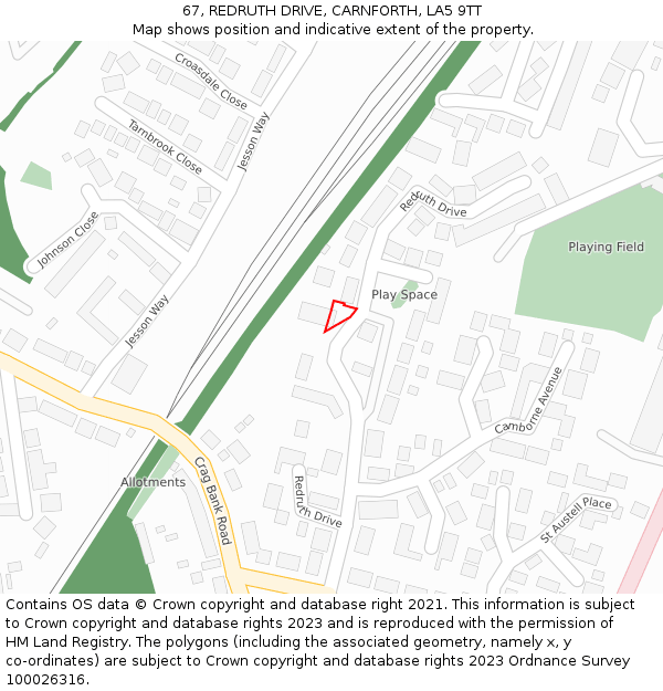 67, REDRUTH DRIVE, CARNFORTH, LA5 9TT: Location map and indicative extent of plot