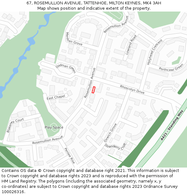 67, ROSEMULLION AVENUE, TATTENHOE, MILTON KEYNES, MK4 3AH: Location map and indicative extent of plot
