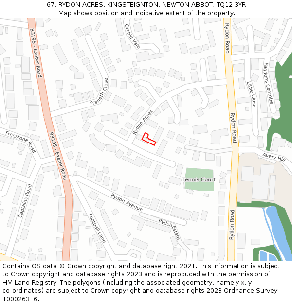 67, RYDON ACRES, KINGSTEIGNTON, NEWTON ABBOT, TQ12 3YR: Location map and indicative extent of plot