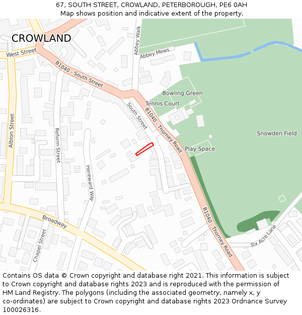 67, SOUTH STREET, CROWLAND, PETERBOROUGH, PE6 0AH: Location map and indicative extent of plot