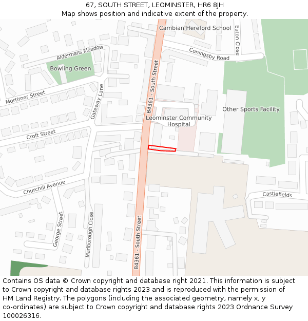 67, SOUTH STREET, LEOMINSTER, HR6 8JH: Location map and indicative extent of plot