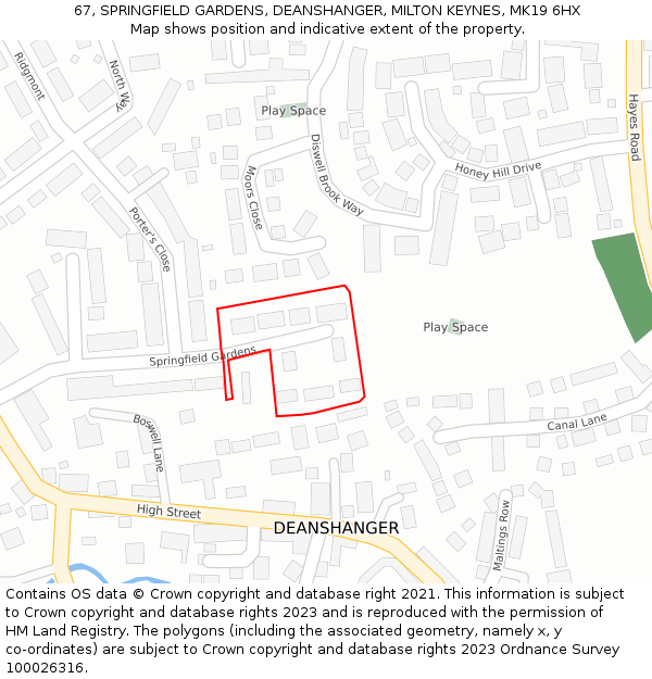 67, SPRINGFIELD GARDENS, DEANSHANGER, MILTON KEYNES, MK19 6HX: Location map and indicative extent of plot